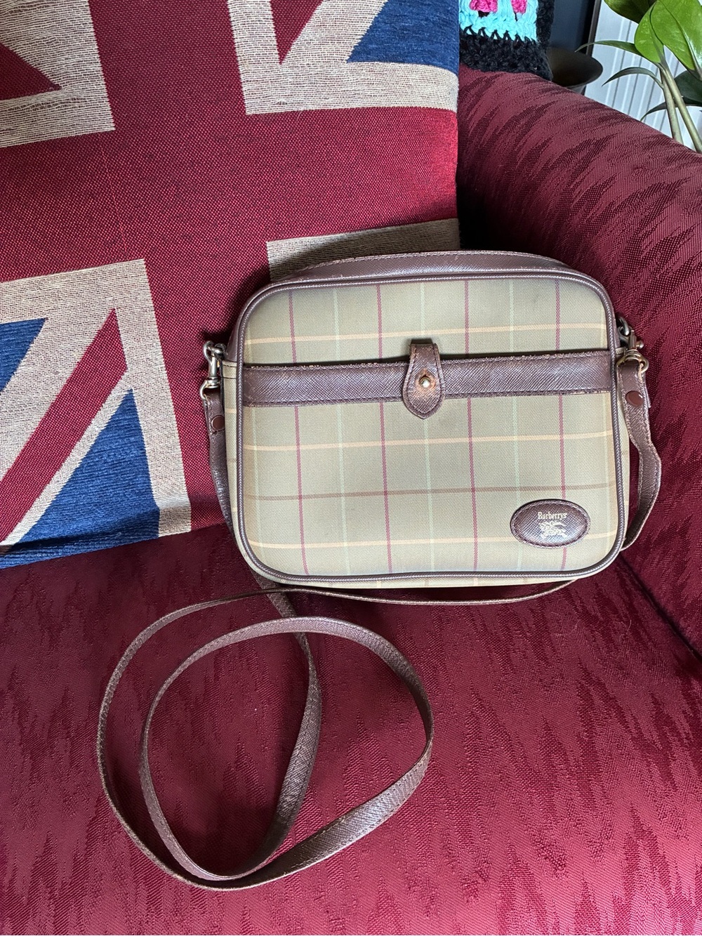Burberrys Plaid Crossbody Bag with Brown Trim and Horse Logo